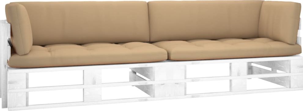 vidaXL Sofa 2-osobowa z palet, z poduszkami, biała, drewno sosnowe