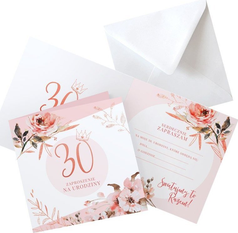 ZAPROSZENIA na 30 urodziny Rosegold Flowers 10szt (+koperty)