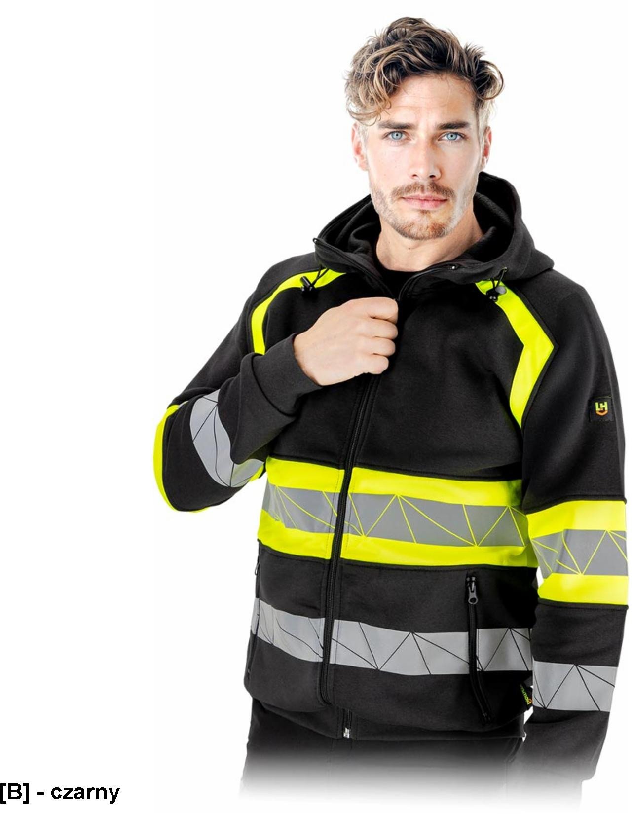 LH-RAUTEX-DS - męska bluza ochronna ostrzegawcza z kapturem pasy odblaskowe zapinana na zamek ściągacze dwie kieszenie fason regular bawełna poliester