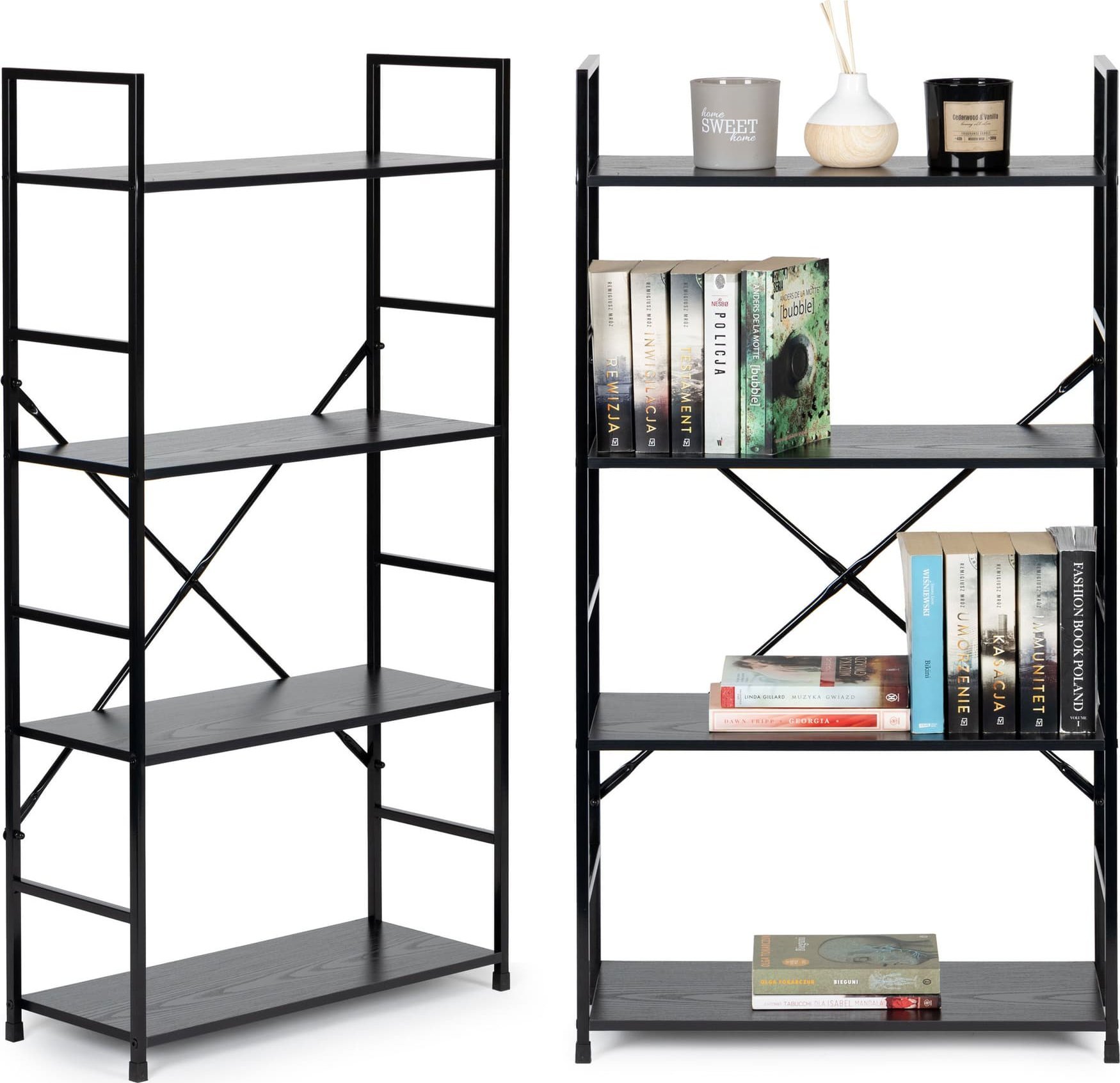 ModernHome Regał drewniany szeroki 4 półki nowoczesny LOFT czarny