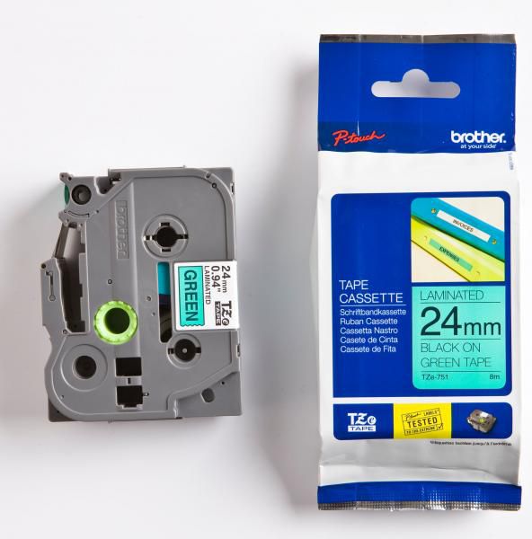 Brother Taśma do drukarek etykiet czarny druk / zielony podkład laminowane 24mm x 8m (TZE751)