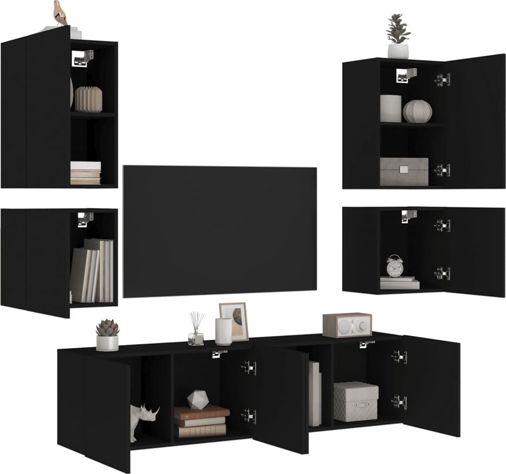 vidaXL vidaXL 6-częściowy zestaw mebli TV, czarny, materiał drewnopochodny