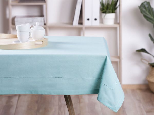 Obrus na stół bawełna miętowy / wykończenie ażurowe 110 x 160 cm