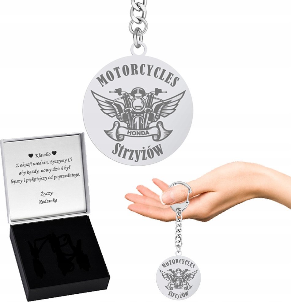 Radziszewska Jewellery BRELOK DLA MOTOCYKLISTY MOTOCYKL Z GRAWEREM MARKA IMIĘ GADŻET PREZENT