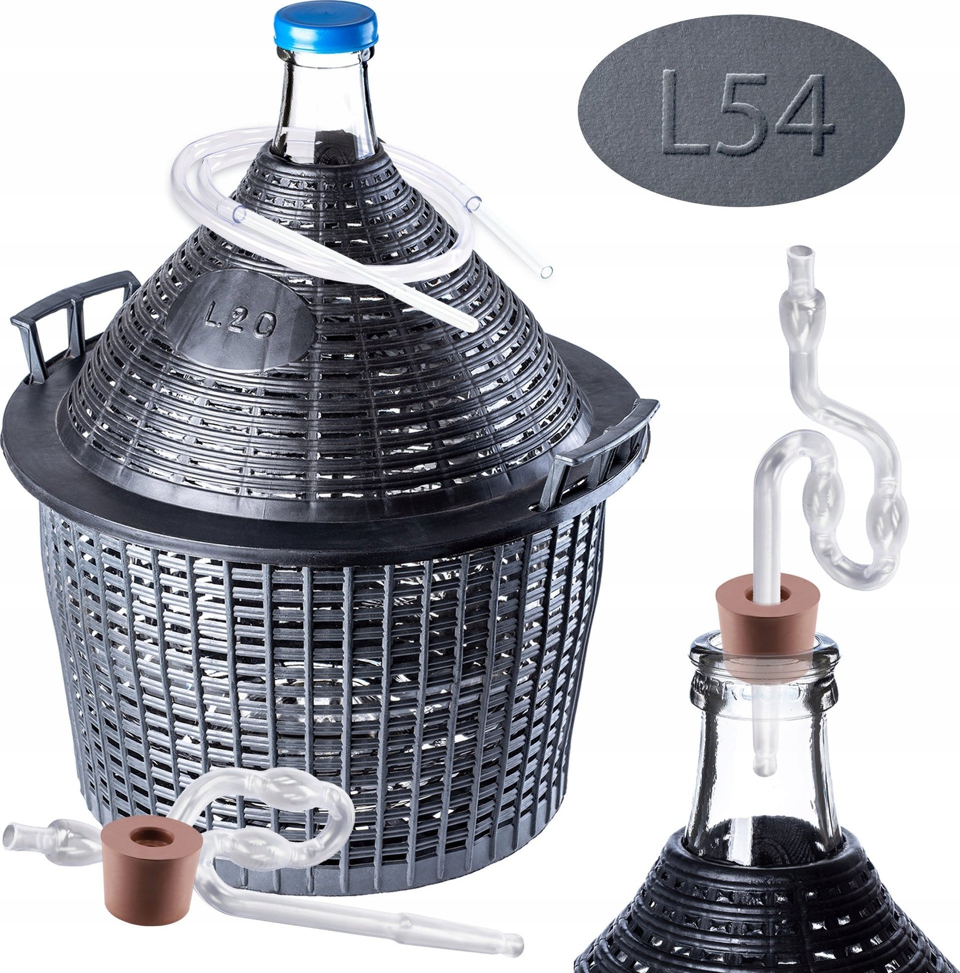 Kadax KADAX Gąsior Na Wino Balon 54 Litry Rurka Korek Ściągacz W Koszyku Zestaw
