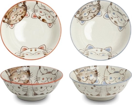 Zestaw 2 japońskich misek do ramenu, udonu różowa i niebieska, trzy kotki, okrągłe 19,5 x 7 cm - Emro