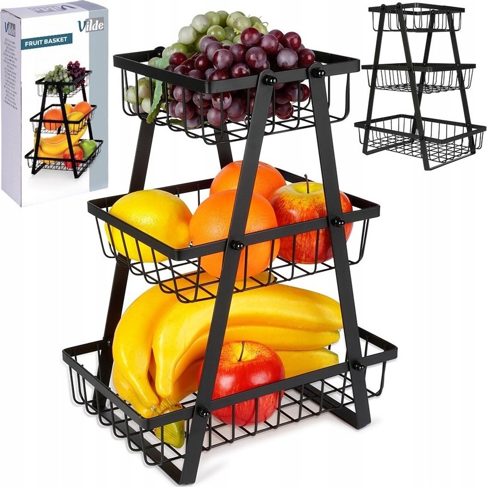 Vilde Koszyk na Owoce Warzywa 3-Poziomowy Metalowy Czarny VILDE 28x17,5x34,5 cm