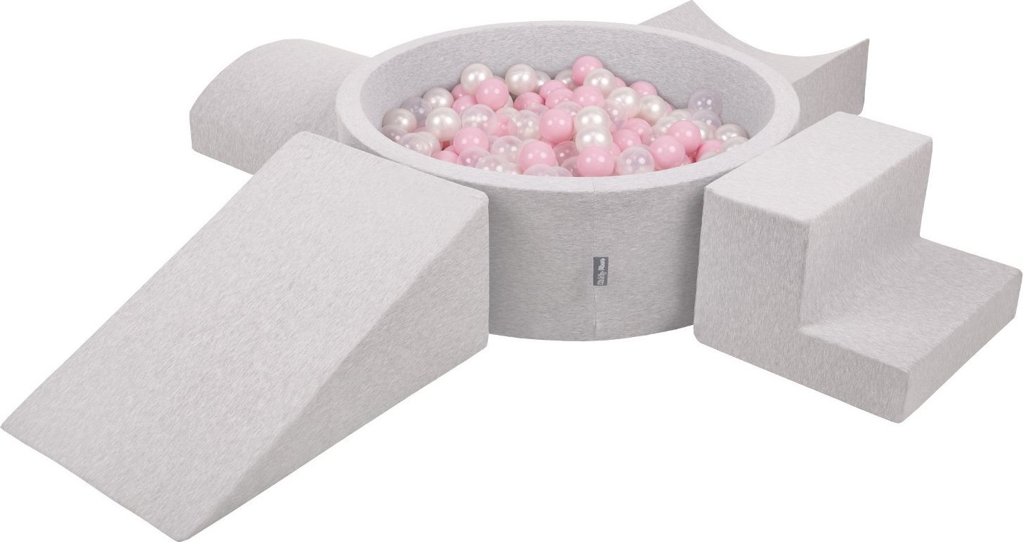 KiddyMoon KiddyMoon Piankowy plac zabaw PPZP-OK30D-115 z piłeczkami jasnoszary: pudrowy róż-perła-transparent basen 200/klin L/rampa L/półwałek L/scho