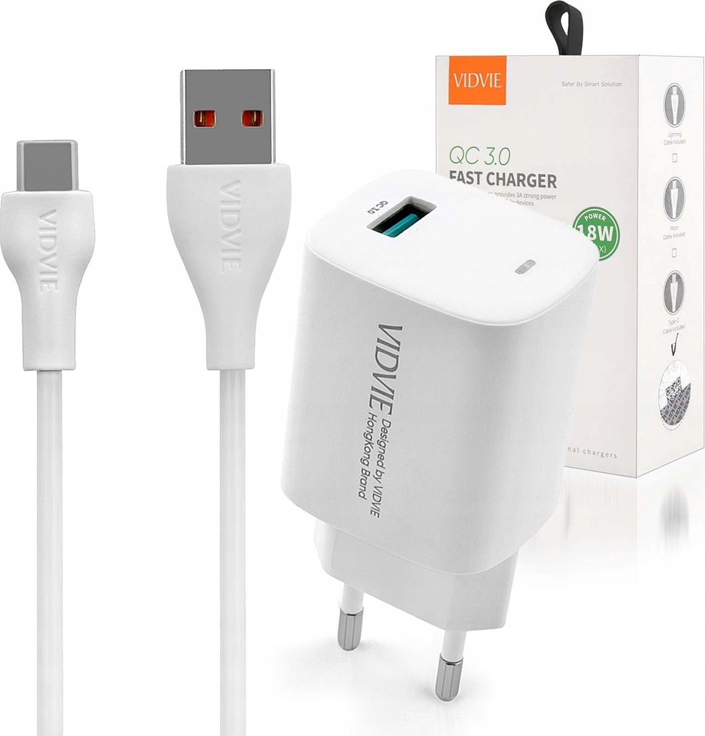 Ładowarka Vidvie Ładowarka sieciowa VIDVIE PLE249 1XUSB Kabel TYPE C QC 3.0 18W (Biała)