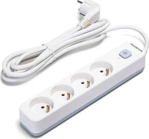 Aigostar Francuski przedłużacz 4-gniazdowy z wyłącznikiem biało-szary 3m Francuski przedłużacz 4-gniazdowy z wyłącznikiem biało-szary 3m