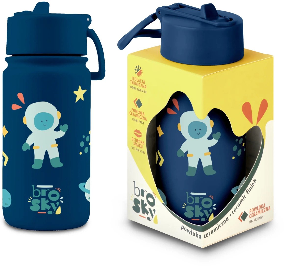 Brosky Kids Granatowa butelka na wodę dla dzieci w motyw kosmosu 450 ml