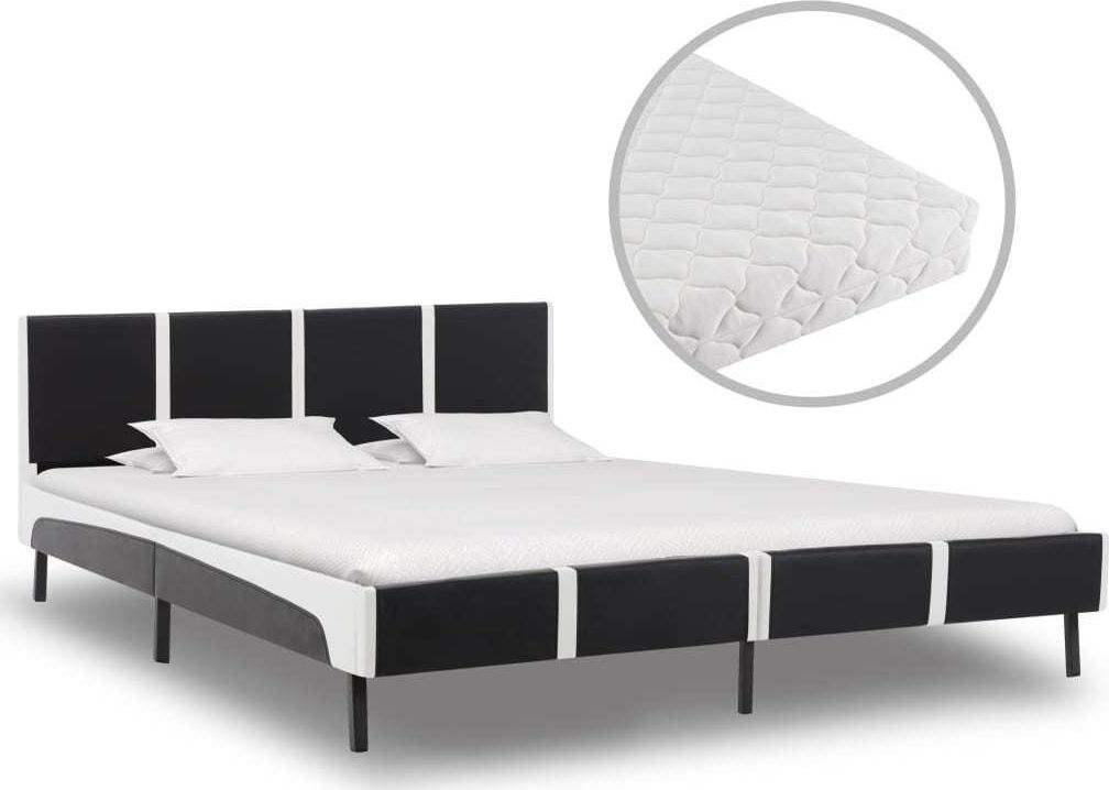 vidaXL Łóżko z materacem, czarno-białe, ekoskóra, 160 x 200 cm