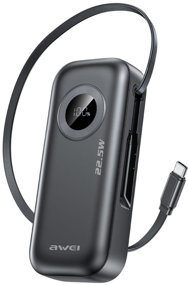 AWEI PowerBank PA-9 10000mAh 22.5W z wyciąganym kablem czarny/black