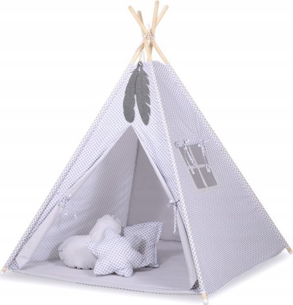 Namiot TIPI dla dzieci +mata + zawieszki pióra - mini-rozeta szara