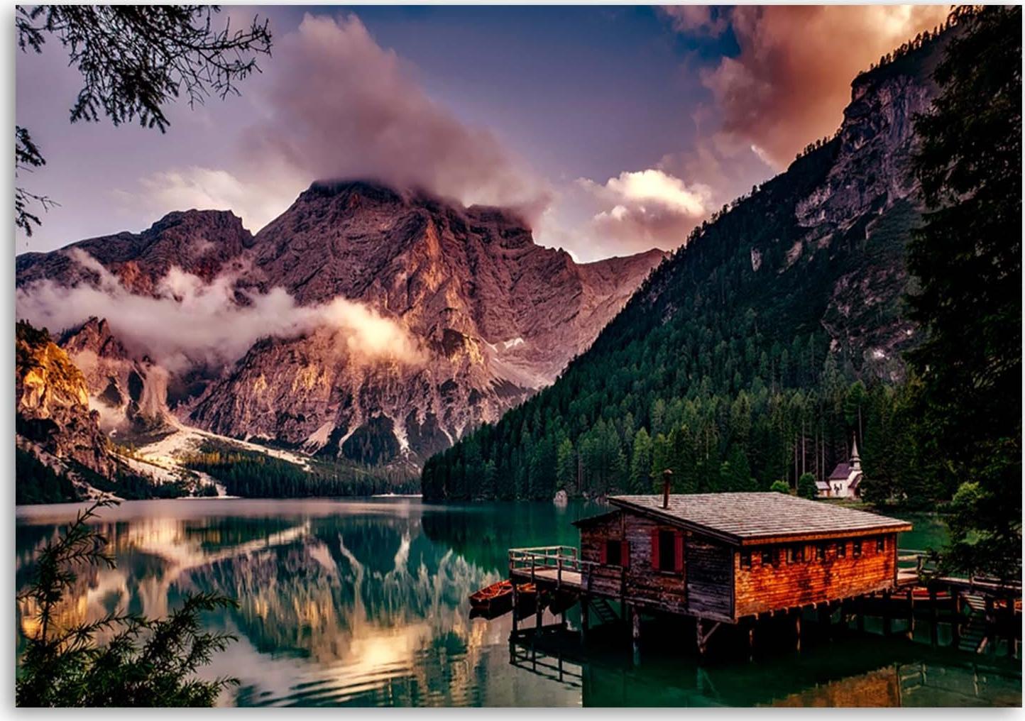 CaroGroup OBRAZ NA PŁÓTNIE Domek nad górskim jeziorem 100x70