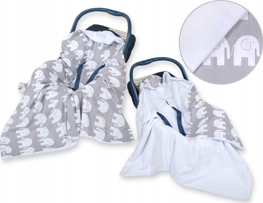 Duży otulacz dla niemowląt do fotelika nosidełka wózka dwustronny - Słonie szare