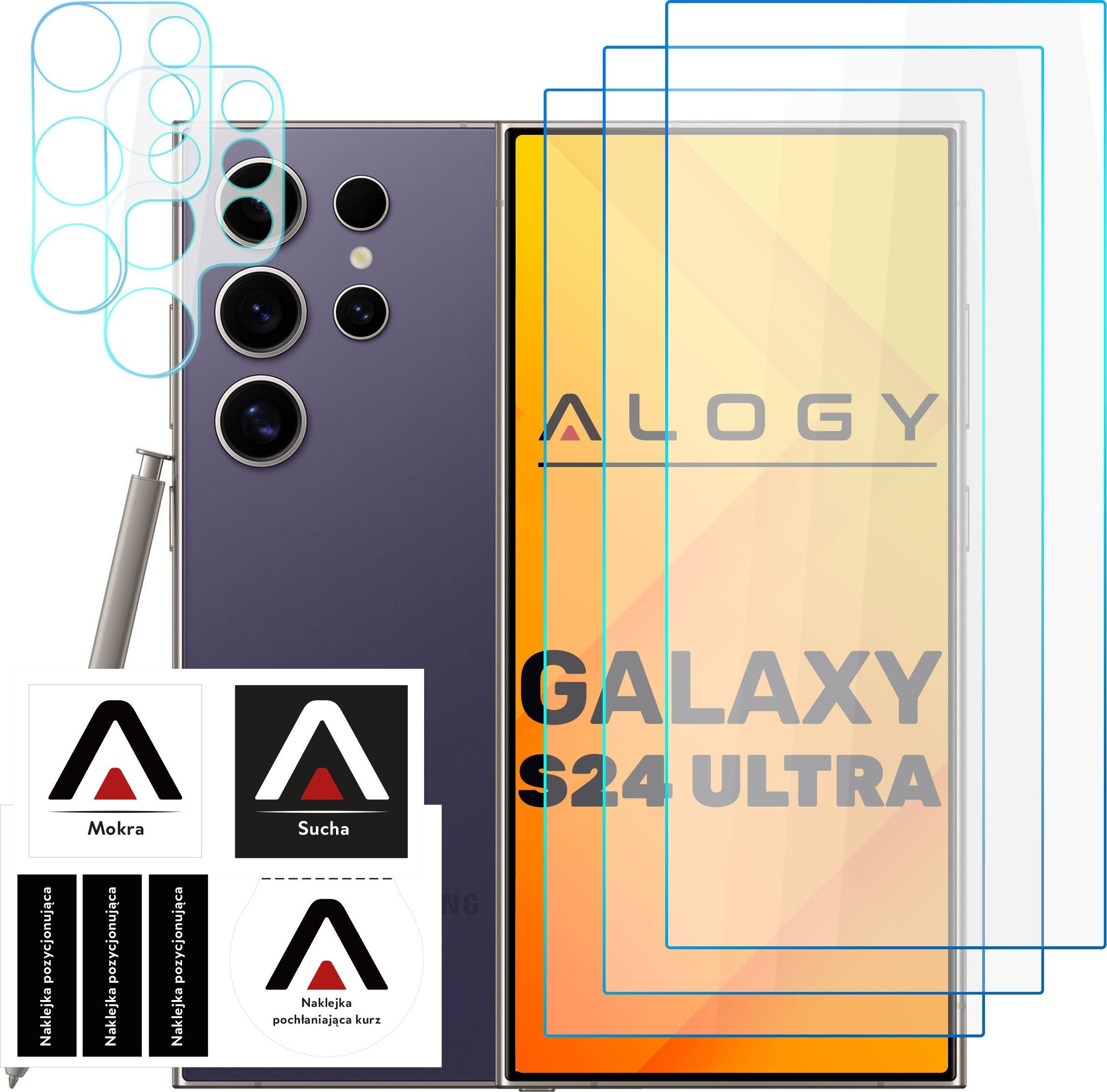 Alogy Szkło hartowane do Samsung Galaxy S24 Ultra 3x na ekran + 2x na obiektywy aparatu Lens Pro+ 9H Alogy zestaw szkieł