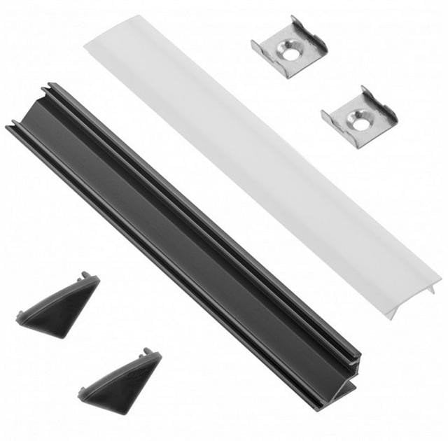 LED strip profile set GTV, angular, 45 degrees, surface mounting, black, 2 m
