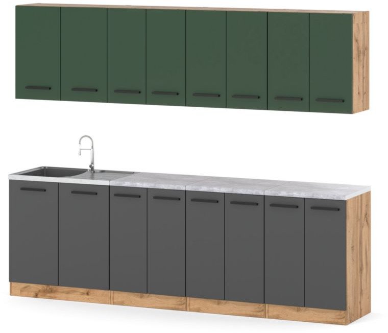 Kuchnia Z Blatem Modułowa Vero 2.6m Nowoczesna Wotan Butelkowa Zieleń Szara