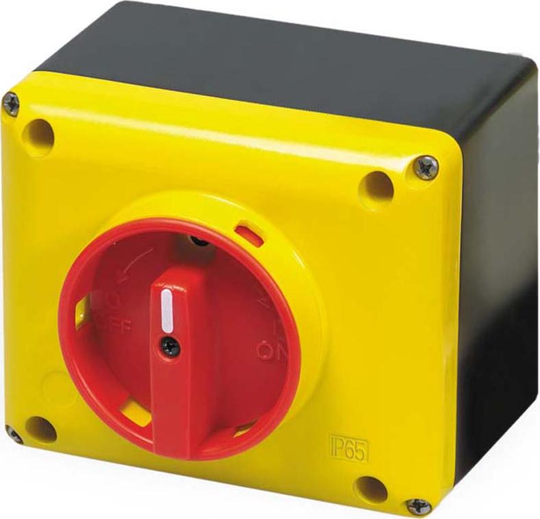 Giovenzana International Rozłącznik SE320004BC1040A 32A 4 polowyw obudowie żółto-czarnej z tworzywa z żóltą tabliczką i czerwonym pokrętłem z możliwoś