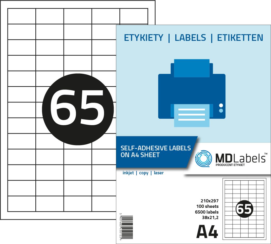 MD Labels Etykiety naklejki samoprzylepne 38x21,2mm na arkuszu A4 100 ark