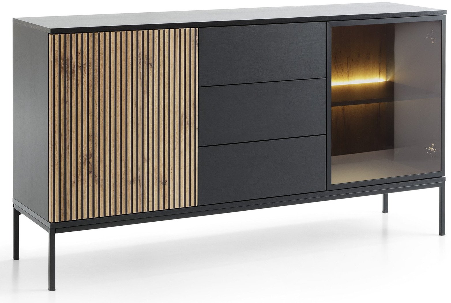 Komoda Lagos 154cm 2D3SZ z metalowymi nóżkami w kolorze Czarnym + LED