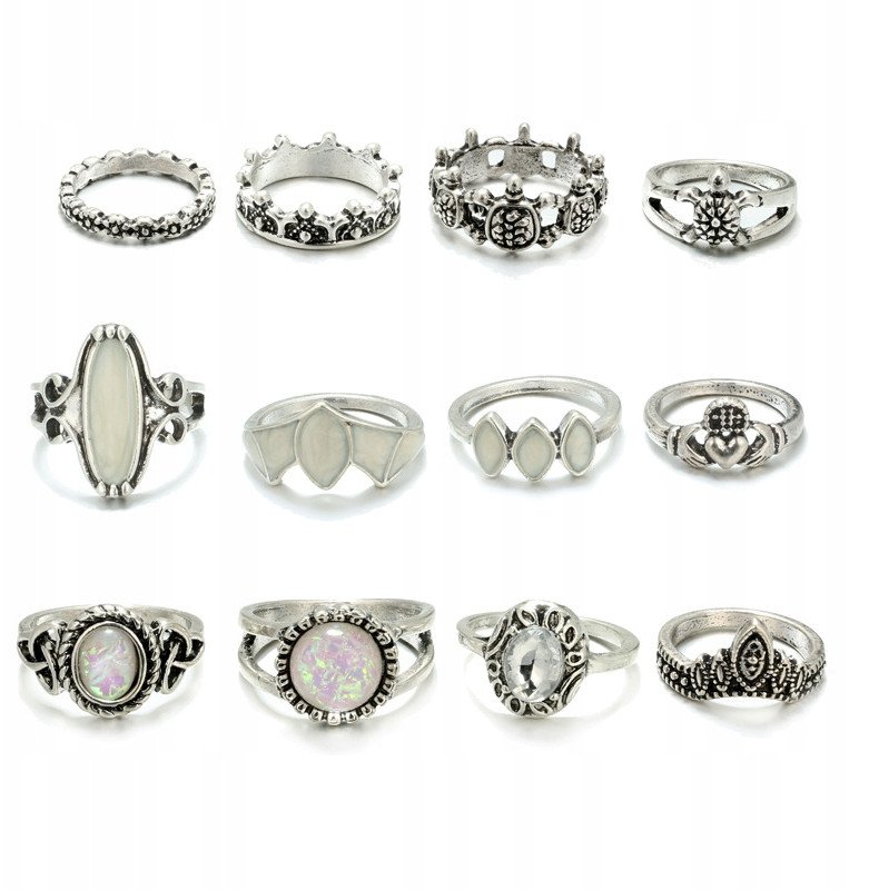 Srebrny ZESTAW PIERŚCIONKÓW RETRO PUNK BOHO 73