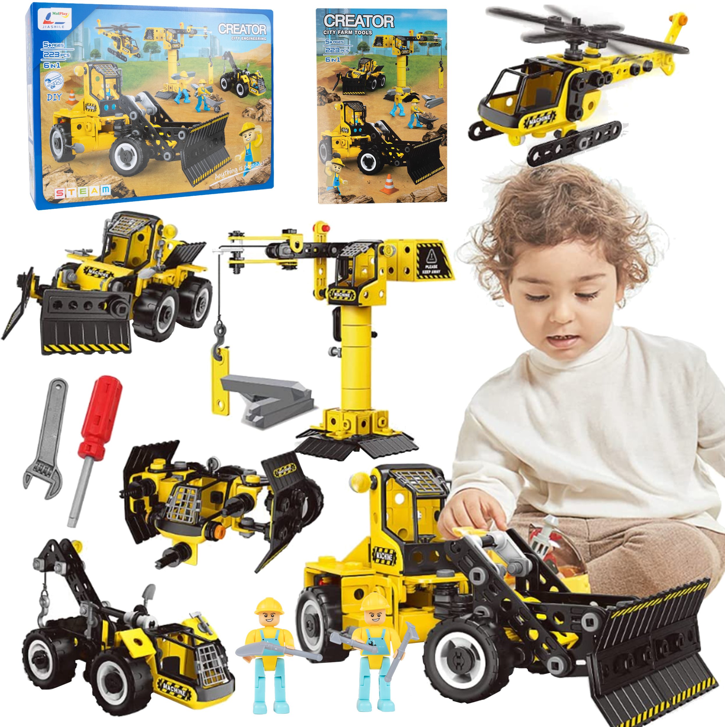 Klocki Konstrukcyjne Spychacz Dźwig Helikopter 8w1