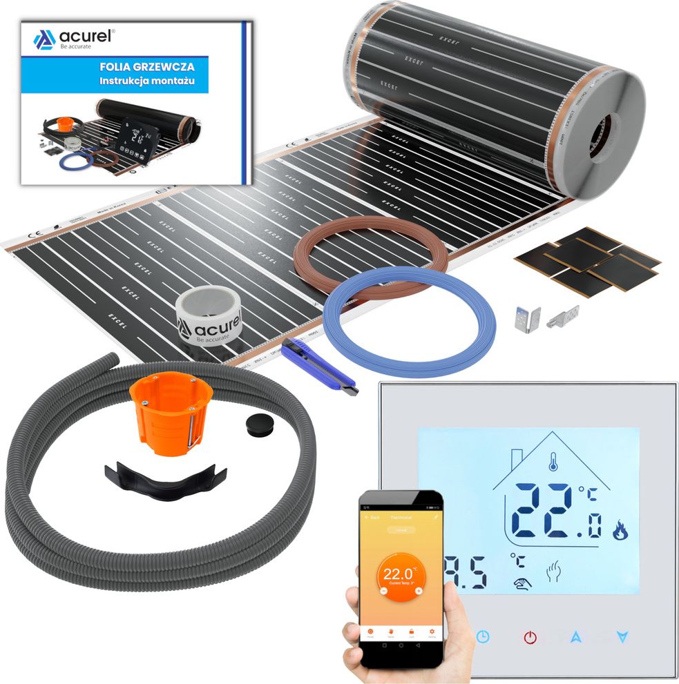 Acurel Termostat WiFi do ogrzewania elektrycznego + folia grzewcza 8m2 + akcesoria montażowe