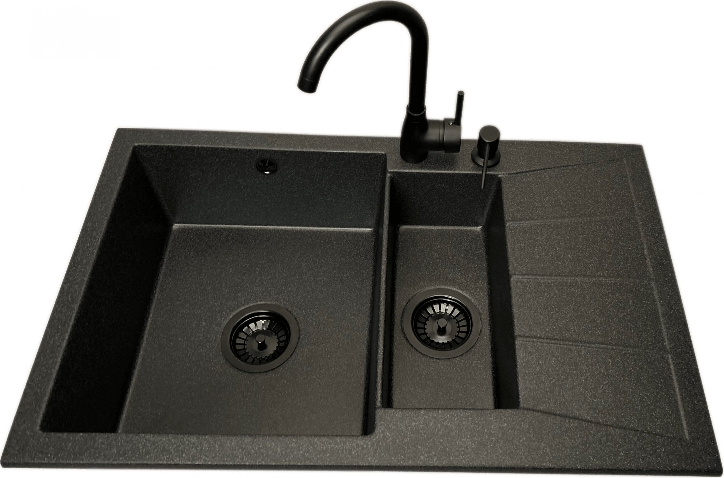 Zlewozmywak PREHNIT Zlewozmywak 1,5 komorowy z ociekaczem MILOS grafit z prawym ociekaczem + bateria LUNA + dozownik