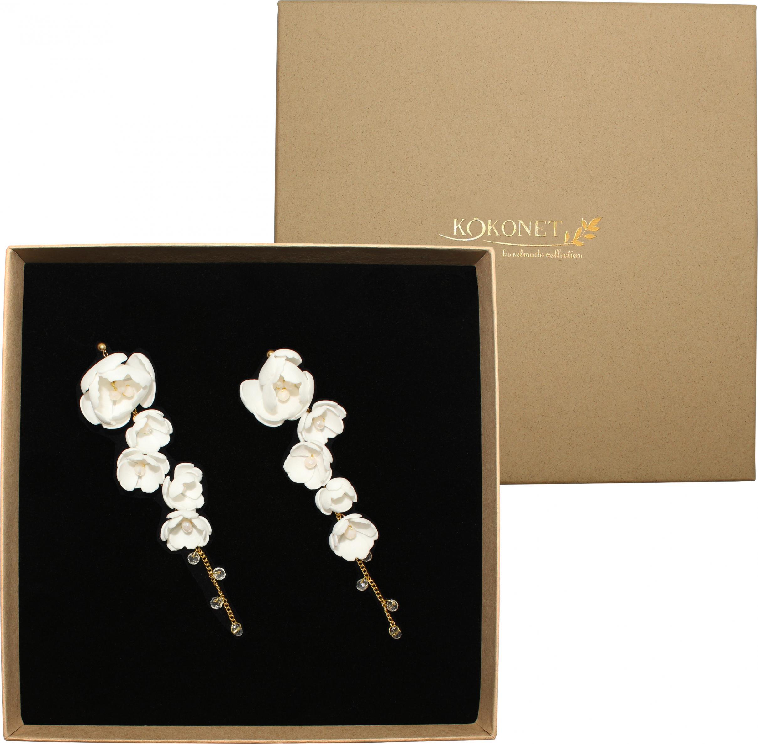 KOKONET Kolczyki KWIATOWE LISTKI kryształy ślubne złote