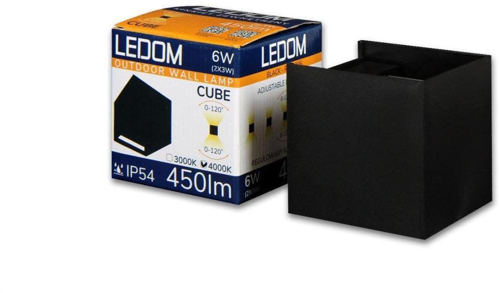 LEDOM Kinkiet zewnętrzny LED aluminium 2x3W 3000K IP54 czarny CUBE 3 lata gwar.