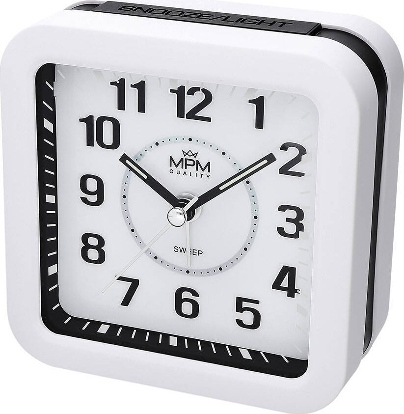 MPM Budzik MPM C01.4320.00 biały cichy mechanizm melodie 9,5 x 9,5 cm