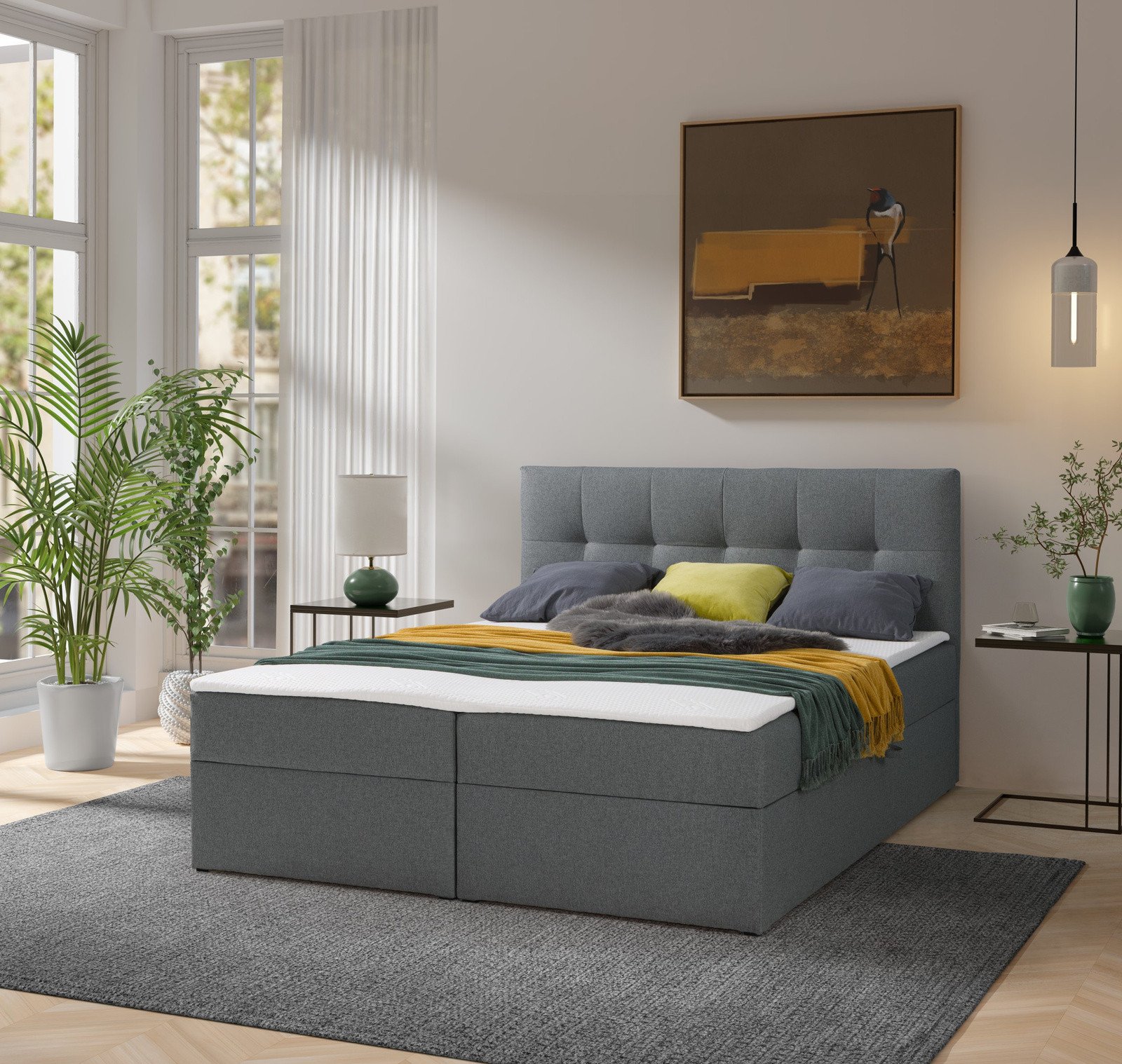 Łóżko kontynentalne Toronto 160200 (Herbi 30 - Ciemny szary) z materacem bonell i topperem