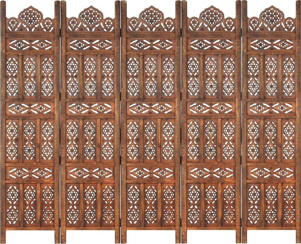 vidaXL Parawan 5-panelowy, rzeźbiony, brąz, 200x165 cm, drewno mango