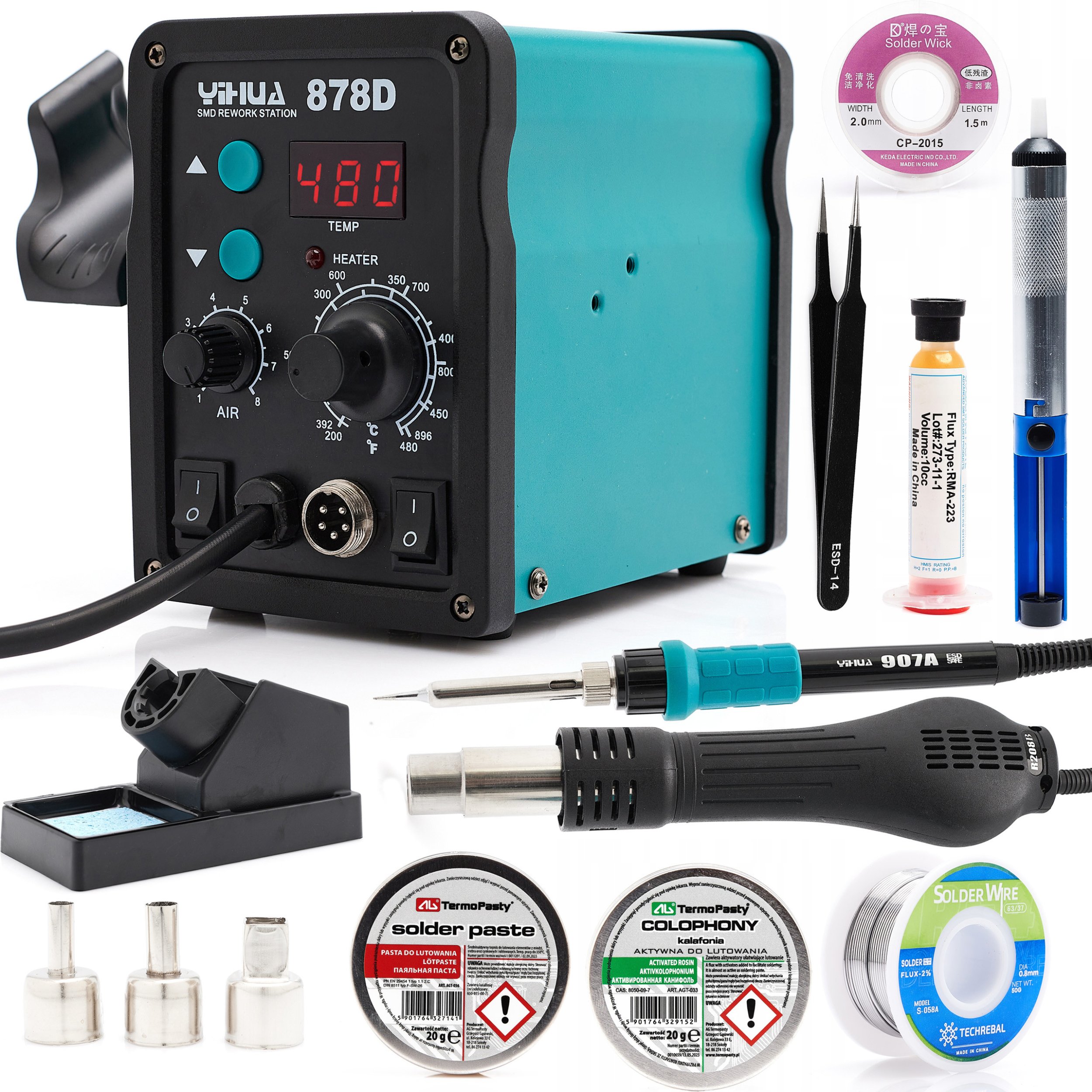 Stacja Lutownicza 2w1 Hot Air Lutownica 878D Odsysacz Cyna Topnik Pęseta Pasta Akcesoria