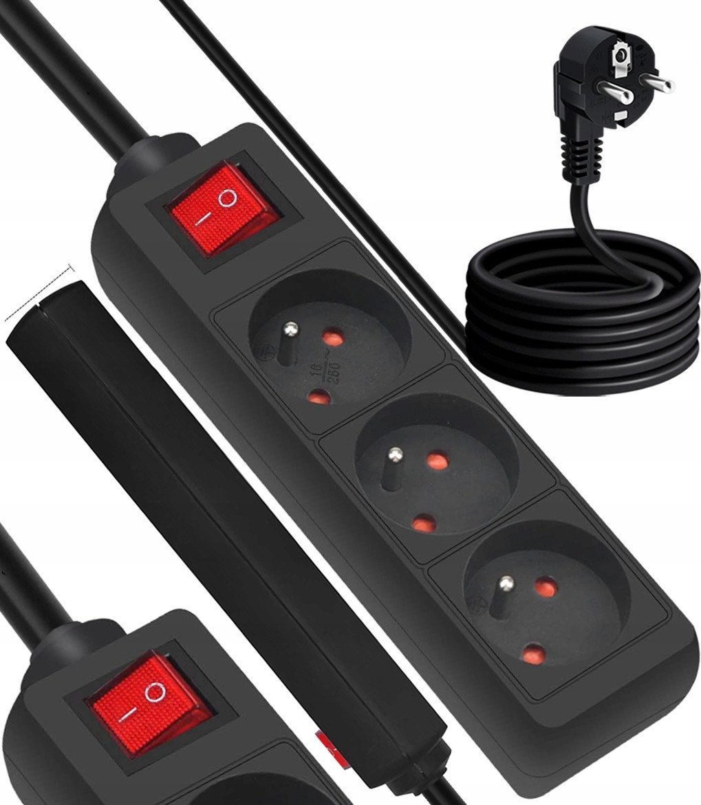 Przedłużacz sieciowy 3 gniazda z uziemieniem i z włącznikiem 5m czarny