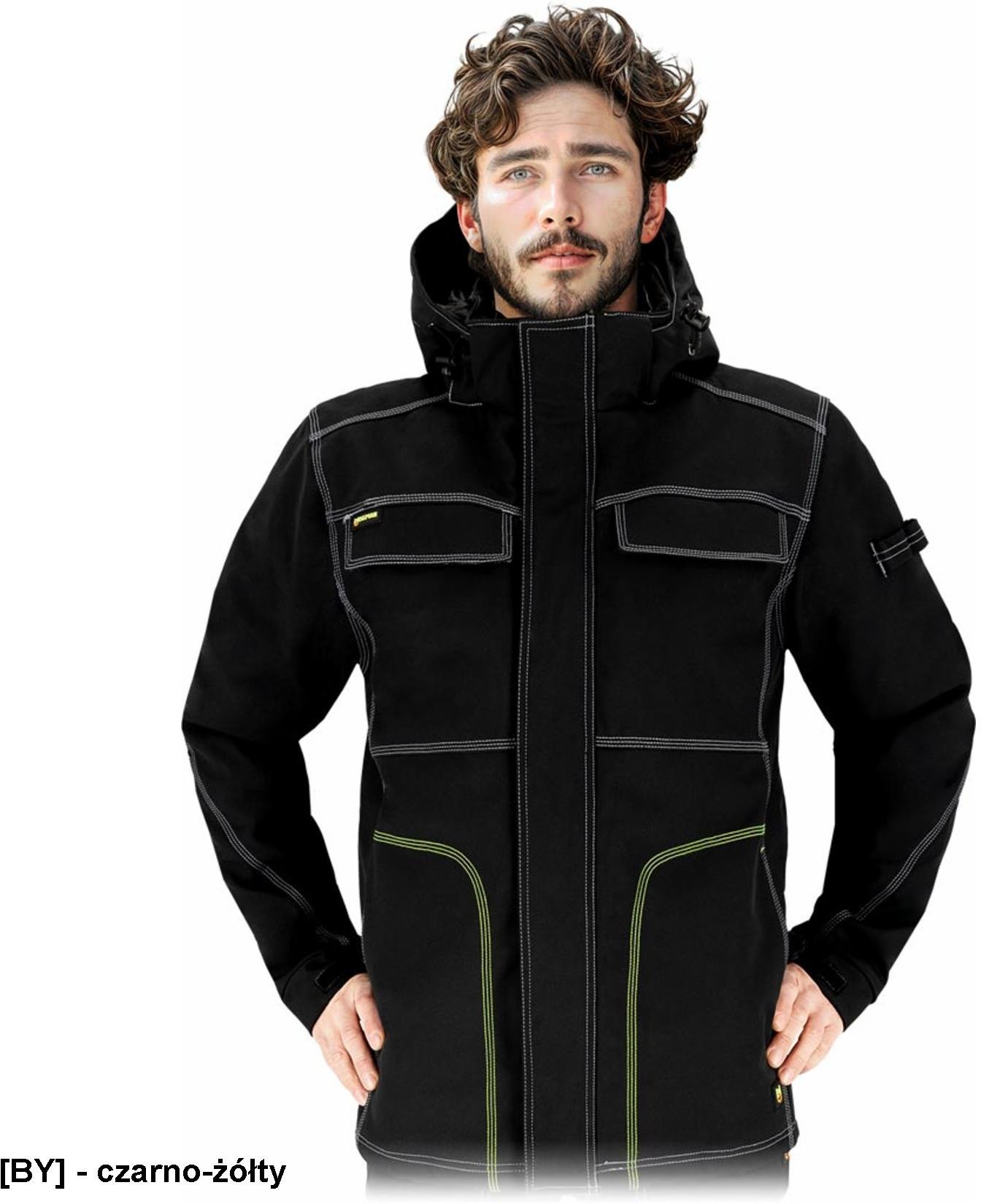 LH-ORKAN-J - męska kurtka ochronna stójka podszyty polarem dopinany kaptur softshell ocieplana wiatro i wodoodporna elastyczna - czarno-żółty L