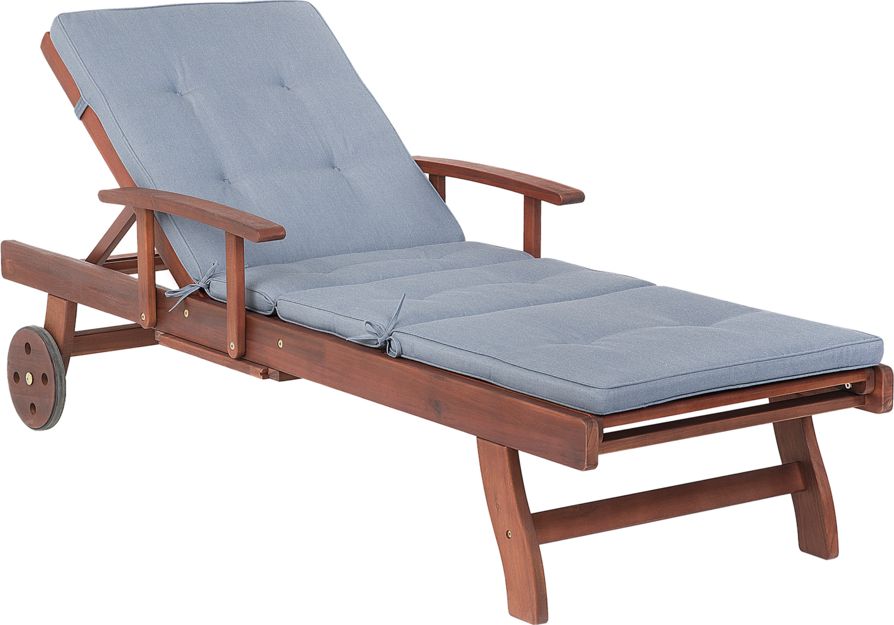 Beliani Leżak ogrodowy drewniany z poduszką niebieską TOSCANA