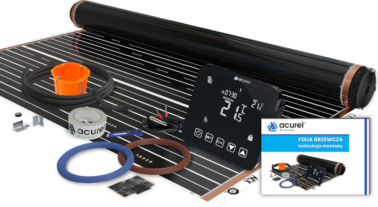 Acurel Termostat do ogrzewania elektrycznego + folia grzewcza 80W/m2 7m2 + akcesoria montażowe