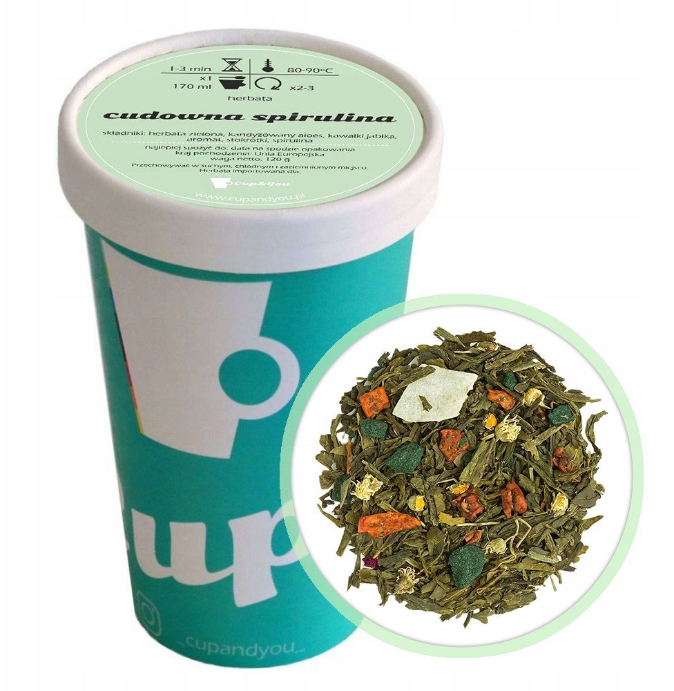 Herbata zielona CUDOWNA SPIRULINA 120g najlepsza liściasta sypana jabłka - herbata liściasta sypana mieszanka napar susz