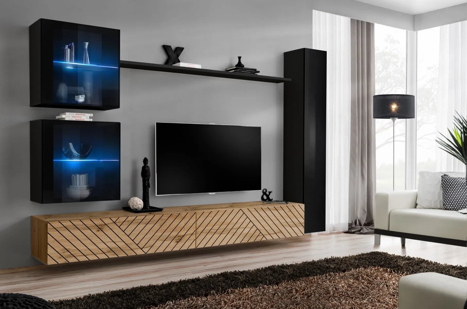 Meblościanka SWITCH LAMEL XVIII czarna/dąb wotan ASM Meble