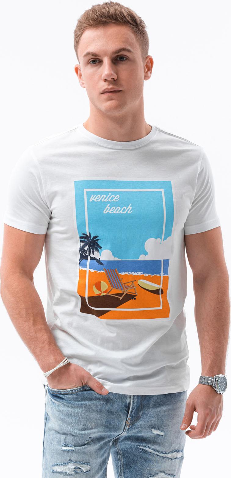 Ombre T-shirt męski z nadrukiem S1434 V-3A - biały XXL