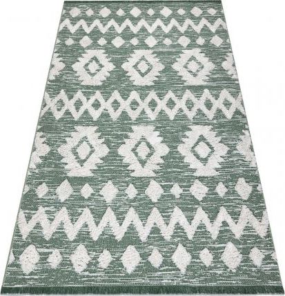 Dywany Łuszczów Dywan MOROC Zygzak 22319 Ekologiczny, EKO SIZAL frędzle - dwa poziomy runa zielony / krem, z bawełny recyklingowanej, 194x290 cm