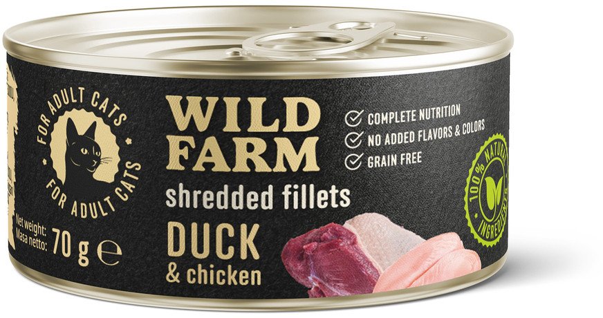 WILD FARM Fillets Duck&Chicken 70g - bezzbożowa mokra karma dla kota, filet w bulionie