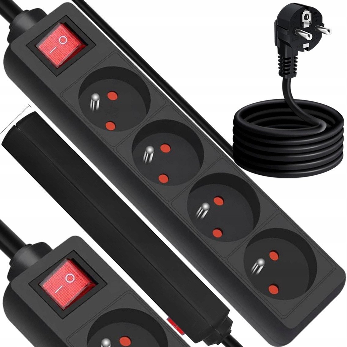 Przedłużacz sieciowy 4 gniazda z uziemieniem i z włącznikiem 1,5m czarny