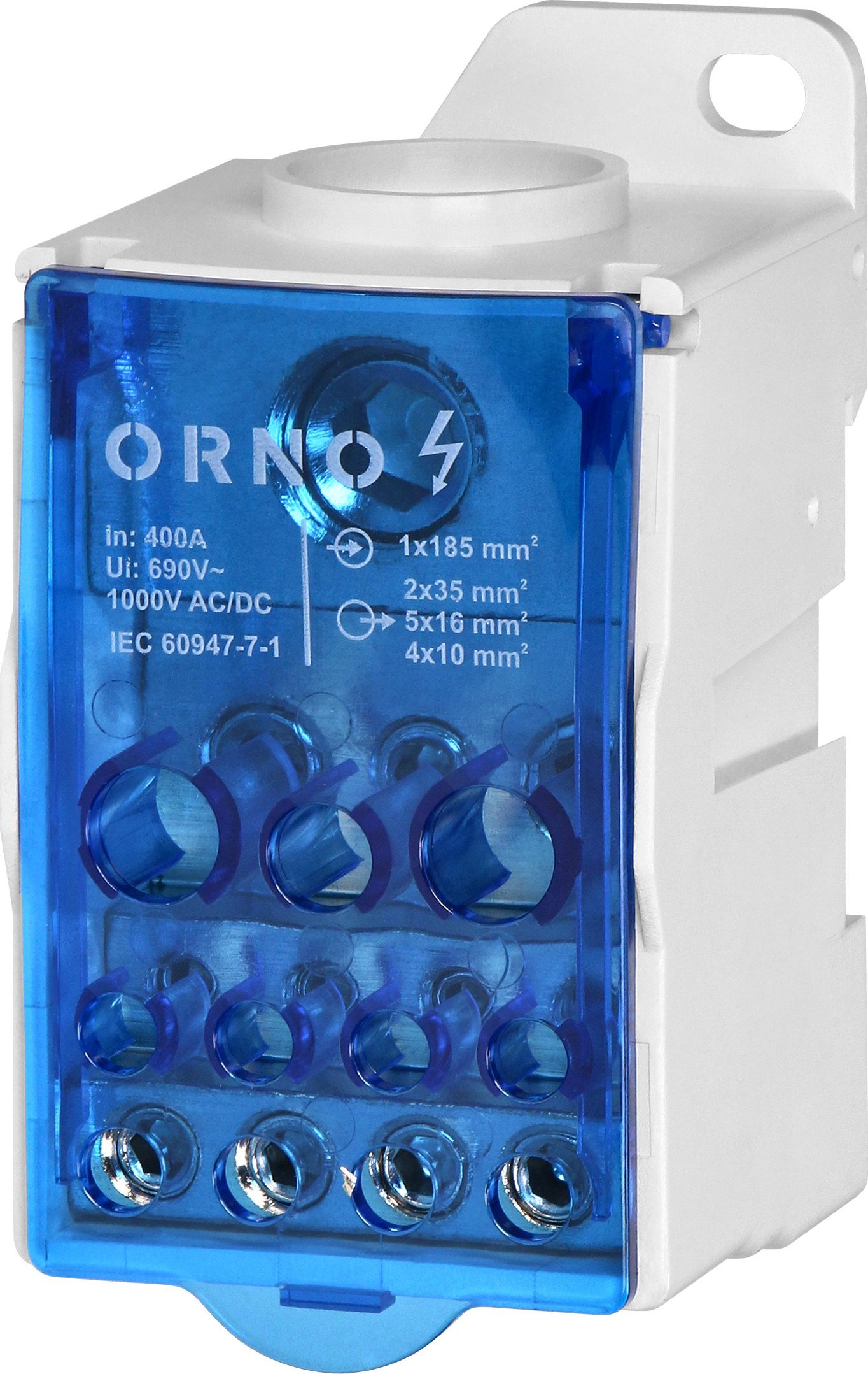 Orno Blok rozdzielczy 400A, zacisk wejściowy 1x185mm?, zaciski wyjściowe 4x10 i 5x16 i 2x35mm?,wygodne mocowanie na szynie DIN