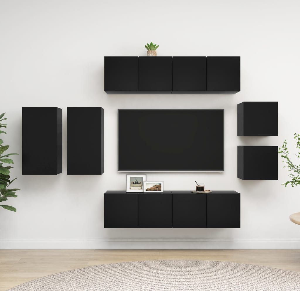 vidaXL 8-cz. zestaw szafek TV, czarny, płyta wiórowa