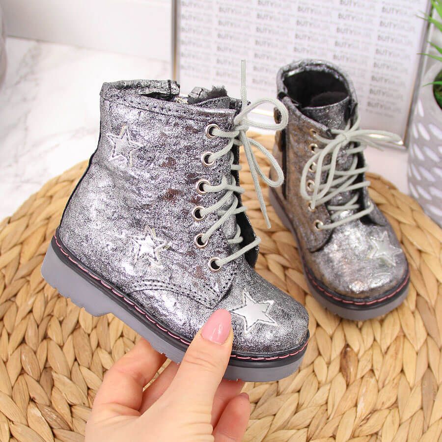 Kornecki Trzewiki dziewczęce ocieplane metaliczne srebrne Kornecki 6216 20