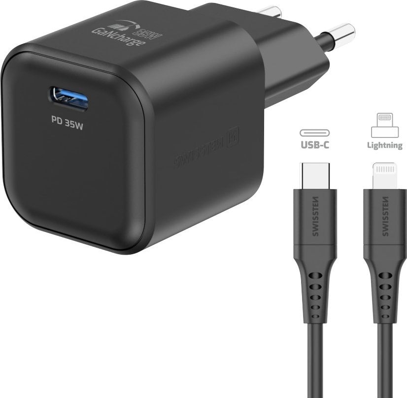 Swissten Travel Charger GaN USB-C 35W PD + Data Cable USB-C - Lightning 1.2m